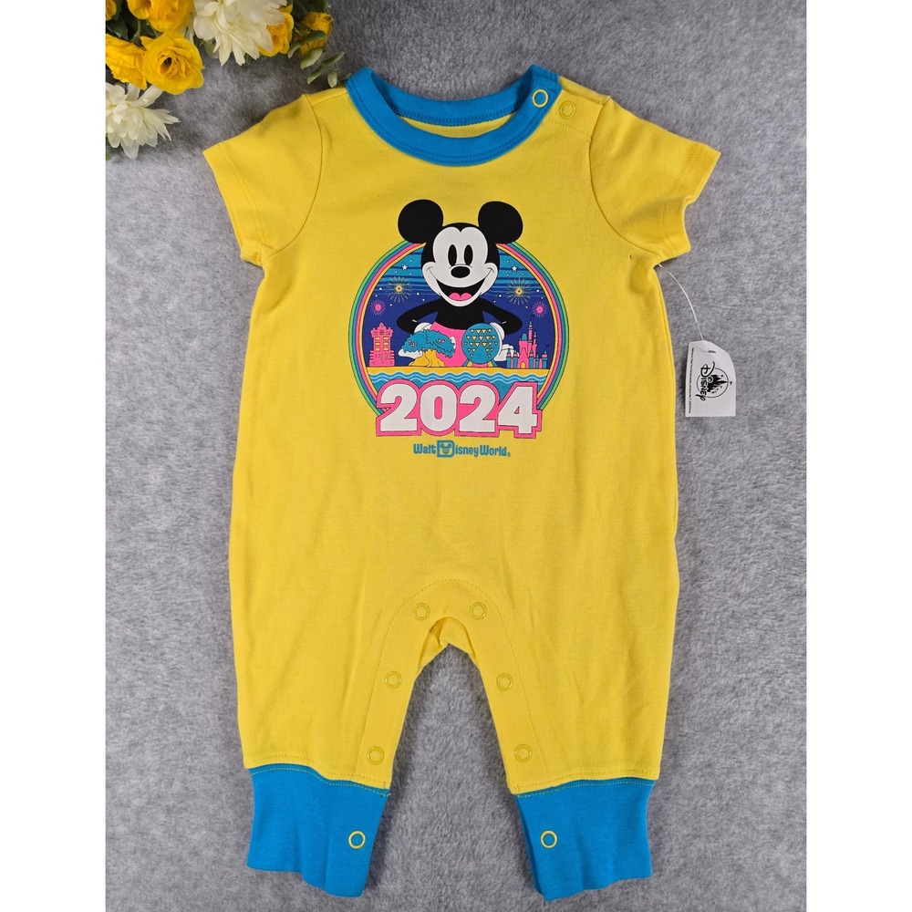 NWT‎ Disney Baby 2024 Walt Disney World Mickey Mouse Yellow Romper 3-6m Colorful
